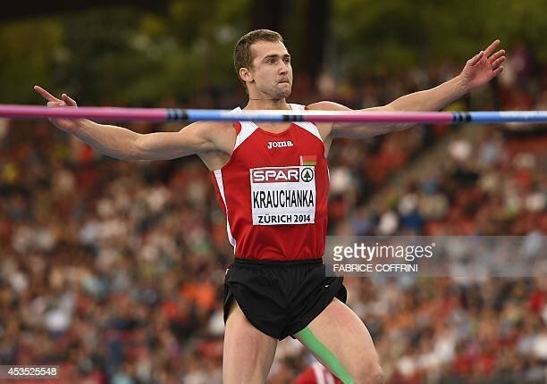 Belarus' Andrei Krauchanka competes in the High Jump of the Men's Decathlon during the European Athletics Championships at the Letzigrund stadium in Zurich on August 12, 2014.  AFP PHOTO / FABRICE COFFRINI        (Photo credit should read FABRICE COFFRINI/AFP via Getty Images)