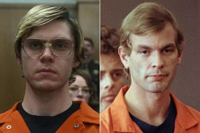 <p> Jeffrey Dahmer (derecha) y Evan Peters (izquierda) representando al asesino en la serie "Monstruo: la historia de Jeffrey Dahmer" de Netflix </p>