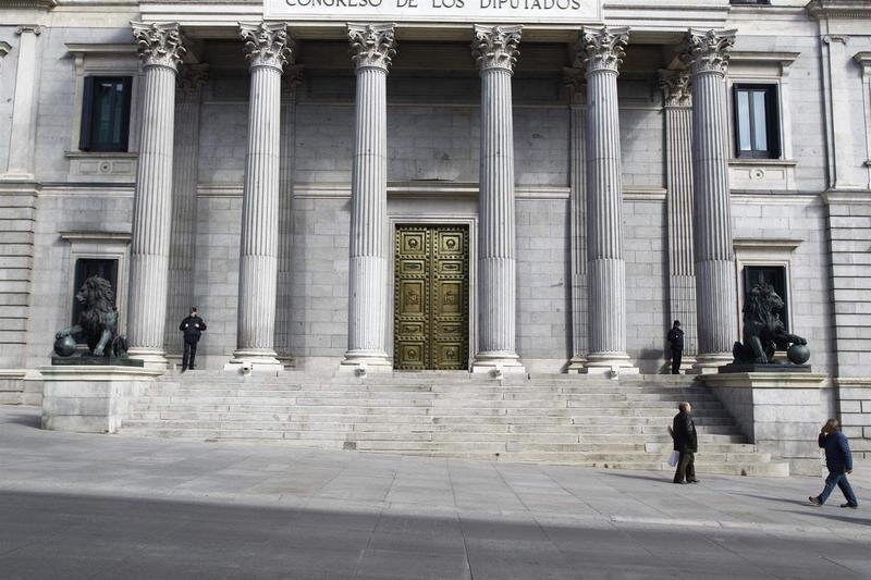 <p> Puerta principal del Congreso de los Diputados con los leones </p>