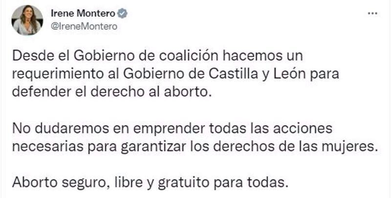  Mensaje en Twitter de Irene Montero 