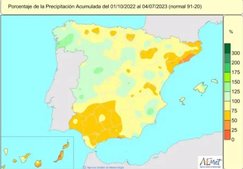  Las lluvias acumuladas en España en lo que va de año hidrológico (1 de octubre de 2022-4 de julio 2023) están un 14% por debajo de lo normal. - AEMET 