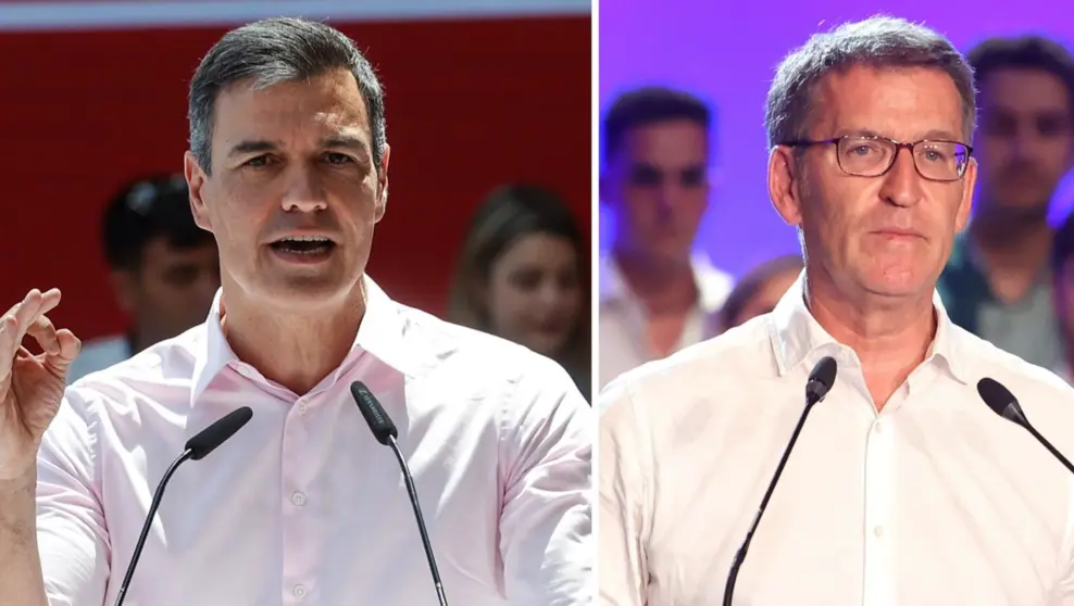  Archivo - El presidente del Gobierno y líder del PSOE, Pedro Sánchez, y el líder del PP, Alberto Núñez Feijóo, durante sendos actos de campaña - EUROPA PRESS - Archivo 