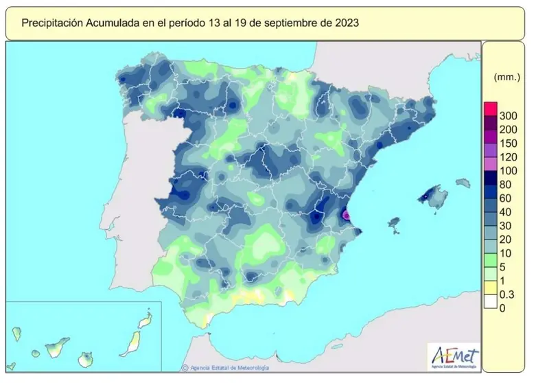  Mapa de precipitaciones acumuladas en España durante el periodo del 13 al 19 de septiembre de 2023 