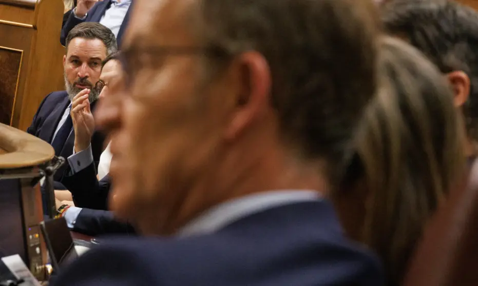  El líder de VOX, Santiago Abascal, durante una sesión plenaria en la se aprueba el uso de las lenguas cooficiales en el Congreso de los Diputados, a 19 de septiembre de 2023, en Madrid (España). La aprobación 'exprés' del uso del catalán, el euskera y el - Eduardo Parra - Europa Press 