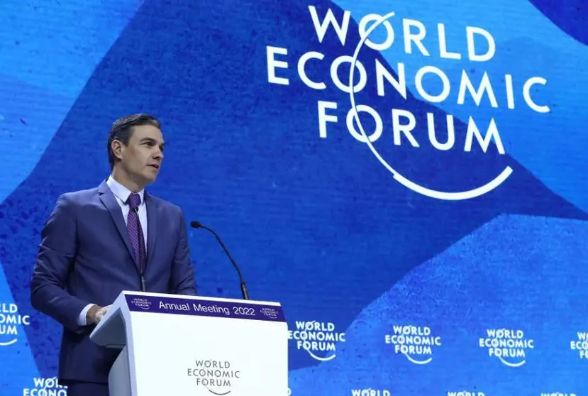  El presidente del Gobierno, Pedro Sánchez, durante su intervención en el Foro Económico Mundial en Davos 