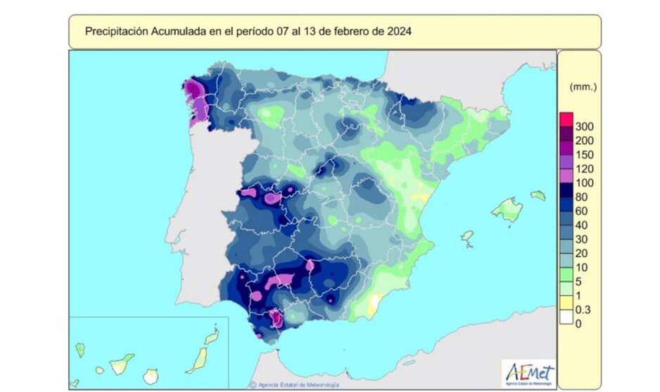  Precipitaciones acumuladas del 7 al 13 de febrero de 2024. - AEMET 