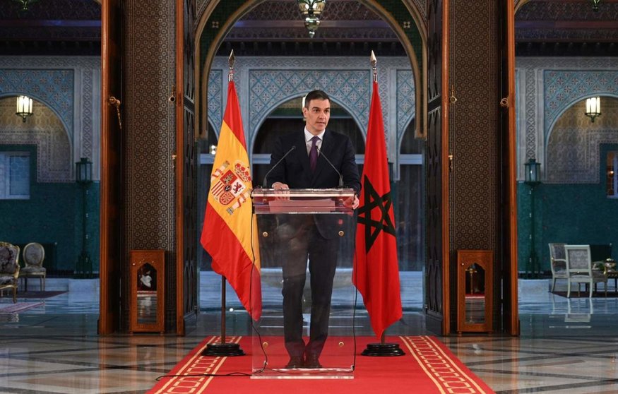  El presidente del Gobierno español, Pedro Sánchez, ofrece una rueda de prensa tras ser recibido por el Rey de Marruecos, Mohamed VI, en su primer viaje oficial de esta legislatura a Marruecos, a 21 de febrero de 2024, en Rabat (Marruecos). - Moncloa 