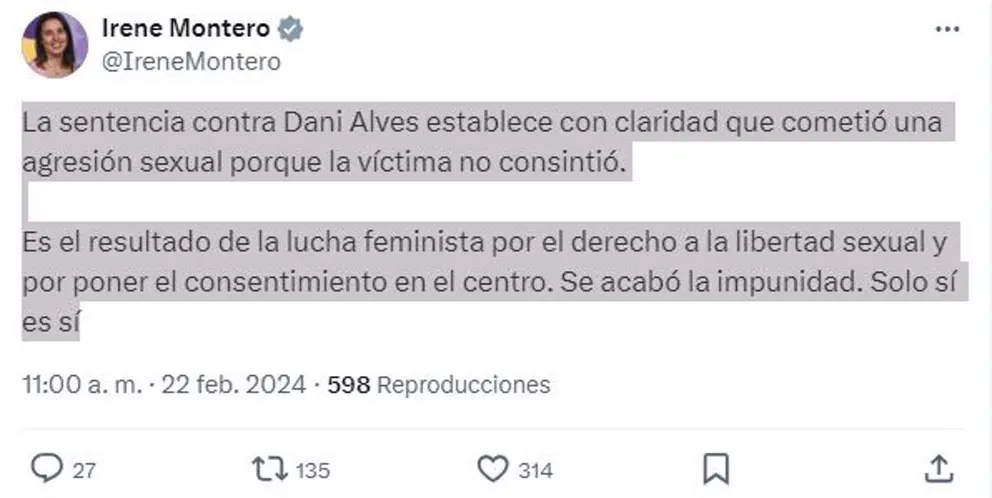  El tuit de Irene Montero sobre la condena de Dani Alves 