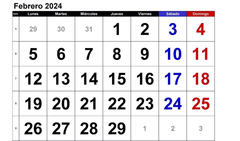  Calendario mes de febrero de 2024 - EUROPA PRESS 