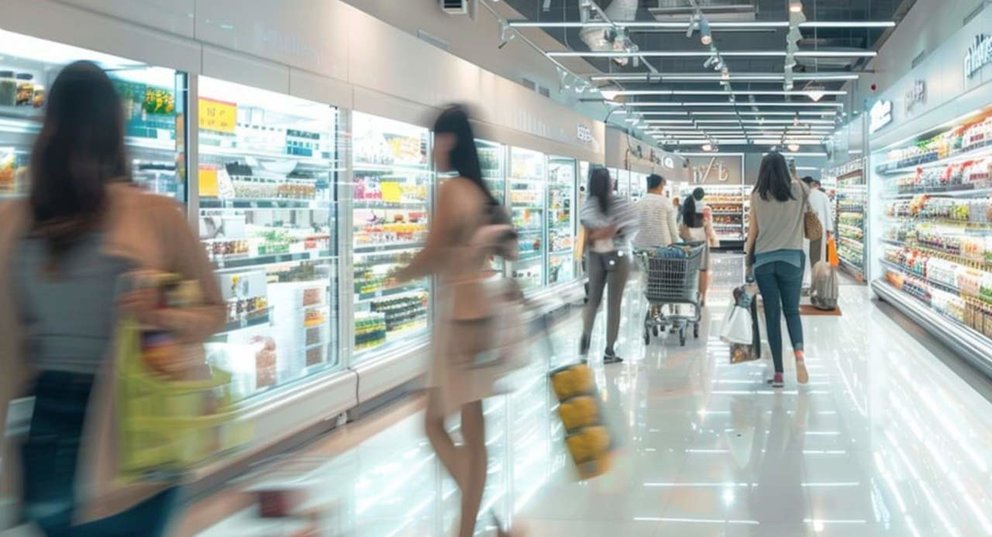  Pasillo de productos refrigerados en el interior de un supermercado. 