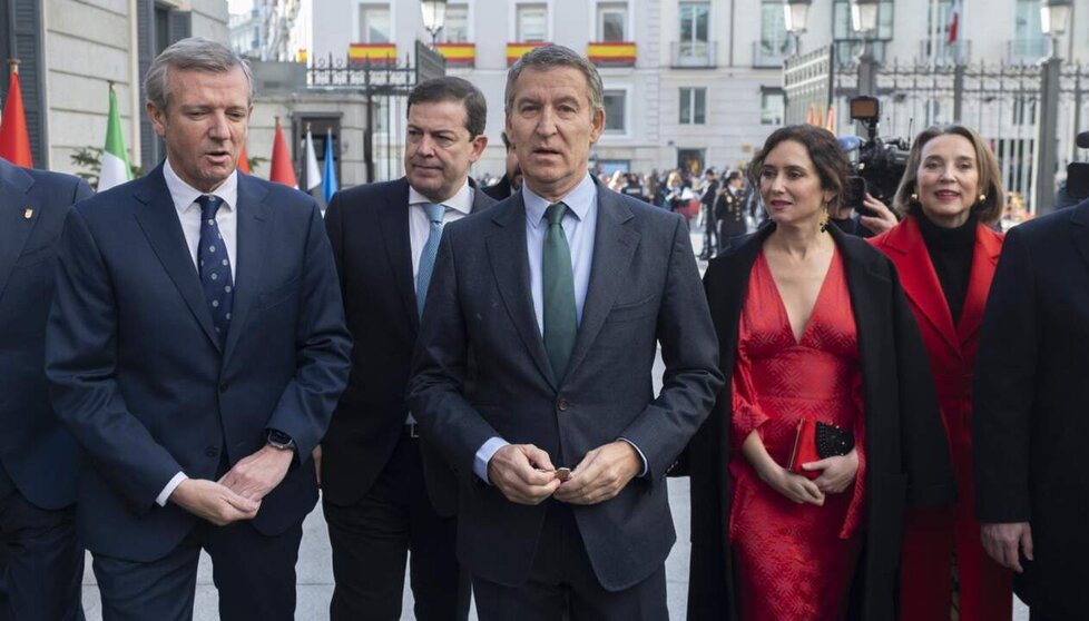  (I-D) El presidente de la Xunta de Galicia, Alfonso Rueda, el presidente de la Junta de Castilla y León, Alfonso Fernández Mañueco, el presidente del Partido Popular, Alberto Núñez Feijóo, la presidenta de la Comunidad de Madrid, Isabel Díaz Ayuso, y la s - Alberto Ortega - Europa Press 