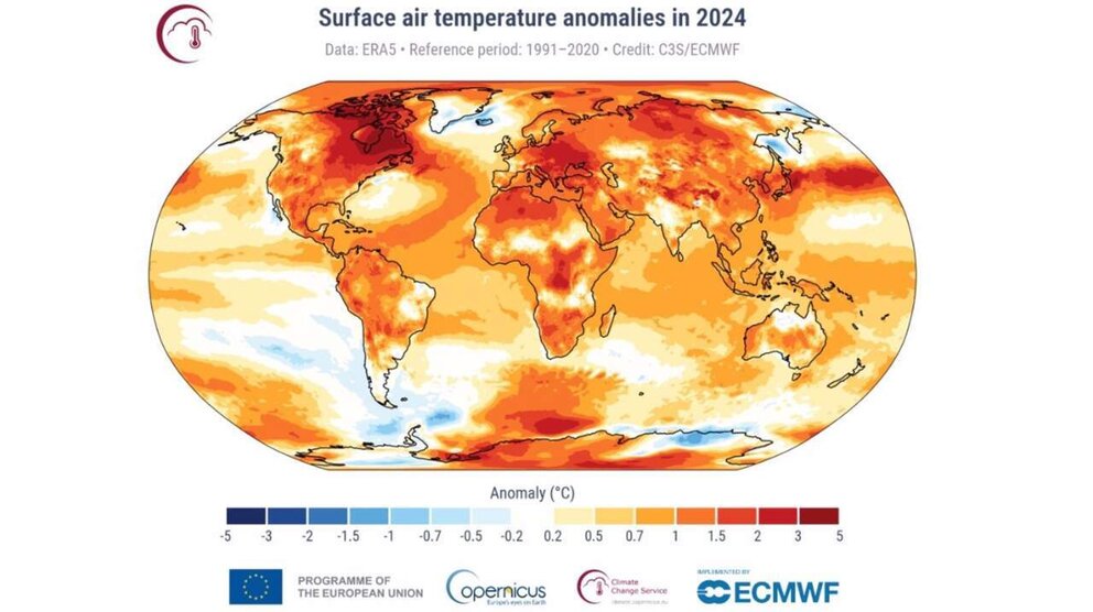  Anomalías de la temperatura del aire en la superficie para 2024 en relación con el promedio del período de referencia 1991-2020. - C3S / ECMWF. 