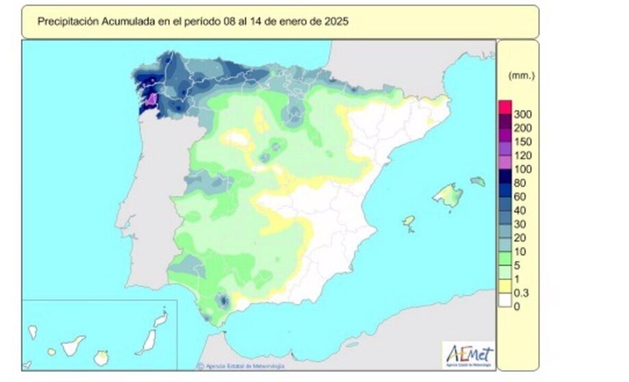  Las lluvias acumuladas desde octubre se cifran en 230 l/m2, alrededor de un 10% menos de lo normal. - AEMET 