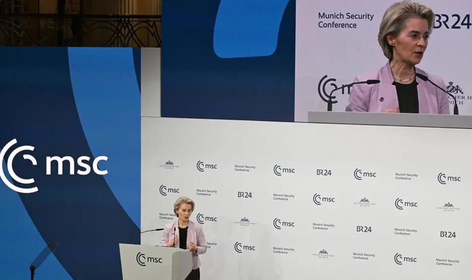  14 February 2025, Bavaria, Munich: EU Commission President, Ursula von der Leyen, speaks at the opening of the 61st Munich Security Conference (MSC) at the Bayerischer Hof conference hotel. Photo: Boris Roessler/dpa - Boris Roessler/dpa 